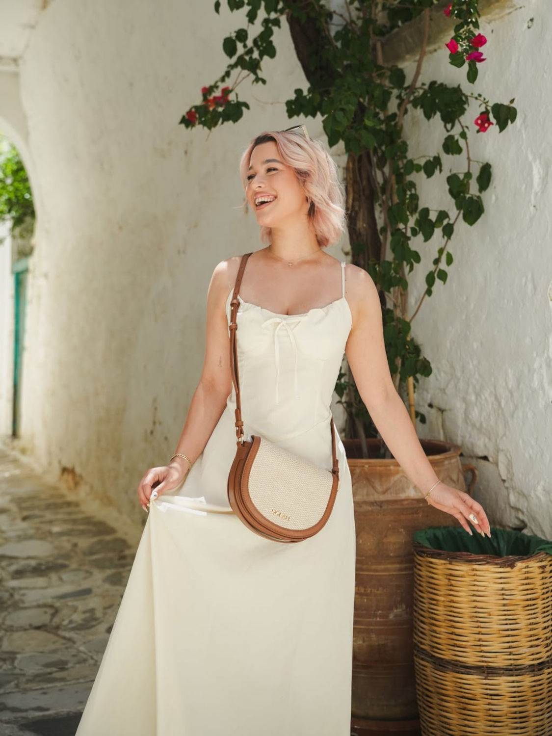Nolah Ludmila – Γυναικεία Ψάθινη Τσάντα Ώμου & Χιαστί | Cream Brown (Κρεμ-Καφέ)