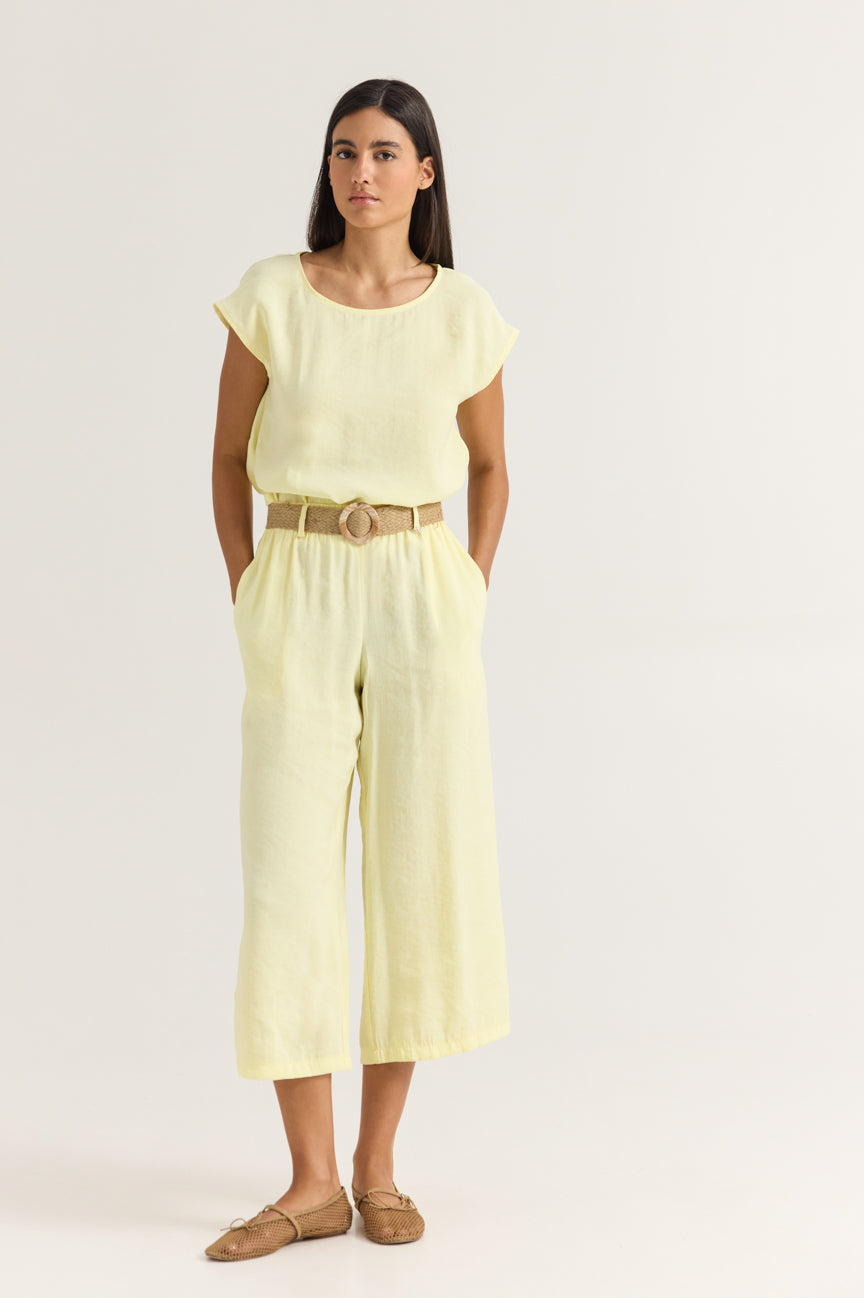 Enzzo Perla – Γυναικείο Ψηλόμεσο Cropped Παντελόνι με Ζώνη | Lemon (Κίτρινο)